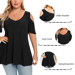 POVTY Custom Printed Plus Size Buttery Soft V Neck Short Sleeve Cold Shoulder Loose <strong>Tunic</strong> <strong>Tops</strong> for Women Summer T-shirts Blouses - Product Image 2