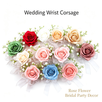 Corsage Pergelangan Tangan Ikat Tangan dengan Mawar Palsu Pink, Baby Breath, Hijauan, dan Pita Organza untuk Pengiring Pengantin, Pengantin, Aksesoris Pernikahan, Dekorasi