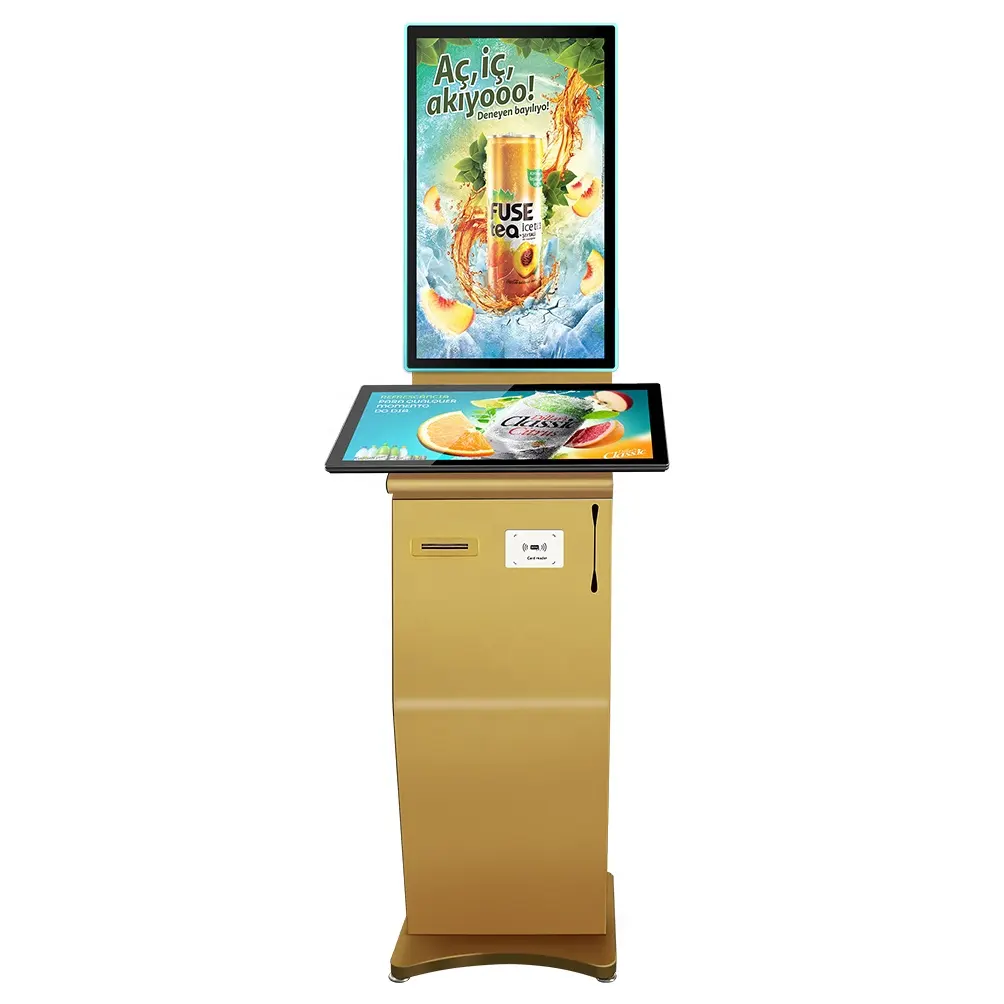 Double Screen Golden Color Customized Digital Advertising All In 1 Display And Payment Kiosk