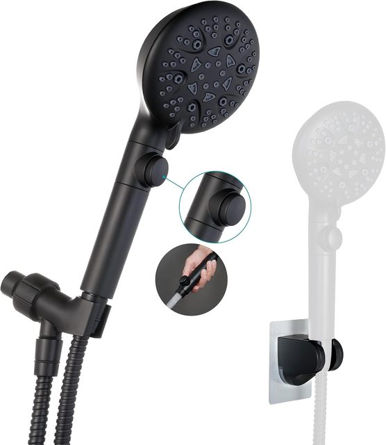 Chrome Handheld Shower Head 8-Mode High-Pressure Wand 79In Stainless Steel Hose Bracket Low-Reach Adhesive Mount for Bathroom
