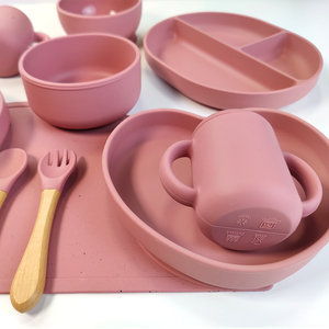 Cấp thực phẩm Silicone trẻ mới biết đi trẻ em Bộ đồ ăn trẻ em Đồ ăn thức ăn hút bé BIB tấm bát muỗng nĩa đặt - Product Image 3