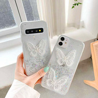 Coque de téléphone en TPU rose, étanche et antichoc, avec motif papillon en dentelle et cristaux, pour modèles multi-marques et systèmes complets, avec protection arrière flash.