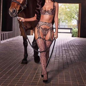 2025 Nieuwe Mode Luipaard Patroon Splicing Perspectief Holle Lace Body Shaping Schouderband Sexy Ondergoed Set Met Been Sokken - Product Image 5