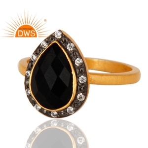 Latest Fashion Gold Plated Sterling Silver Ring Pear Black Onyx Gemstone Zircon Set Ring Jewelry Wholesale - Product Image 2