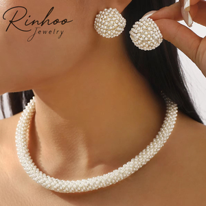 RINHOO Set di Gioielli Francesi: Collana Girocollo con Perle Intrecciate e Orecchini a Sfera, per Matrimoni, Banchetti e Feste Eleganti - Product Image 1