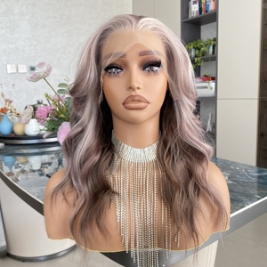 Perruques synthétiques résistantes à la chaleur, transparentes, brun cendré, avec dentelle frontale, ondulées, sans colle, prix d'usine en gros - Product Image 2