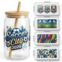 Prêt à expédier – Transferts UV DTF personnalisés pour verres Libbey 16oz, imprimés en 3D avec encre en relief, thème Football City 2026 USA NY LA Mexique