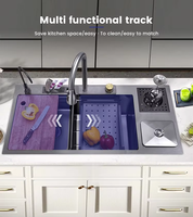 Évier de cuisine design moderne en acier inoxydable, évier à une cuve intelligent de bonne qualité avec robinet à cascade, lave-gobelet et poubelle