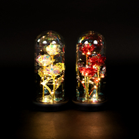 Cadeaux pour la fête des mères, fleurs artificielles, base en bois noir, lumière LED, corsage de poignet, boule de fleurs, rose rouge en soie, rose galaxie dans un dôme en verre