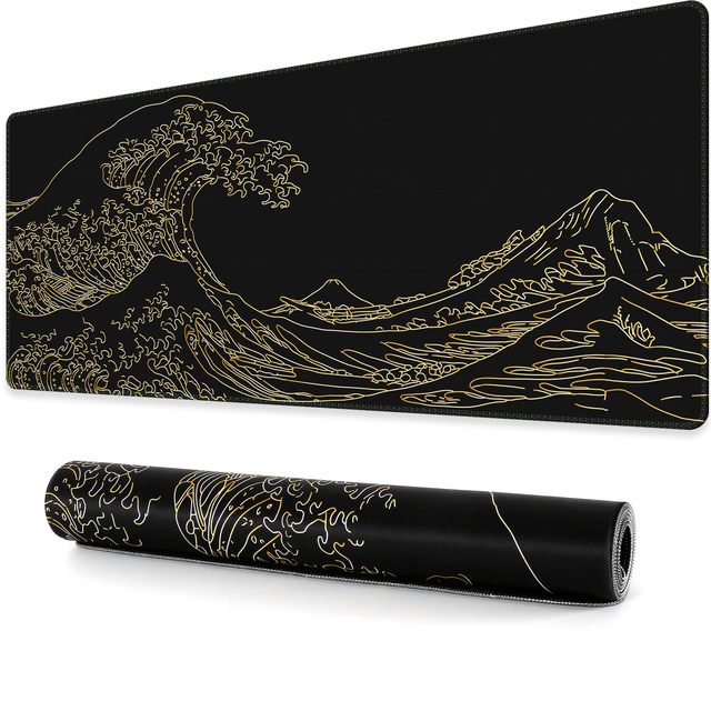 Kelida Japanese Sea Wave Anime Black Rubber Gaming Mouse Pad with Wrist Rest Radiation Water Resistant Scratch Proof Custom Size