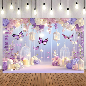 Fondo Romántico con Mariposas Moradas, Decoración de Pared para Bodas y Fiestas, con Globos y Flores Impresas - Product Image 1