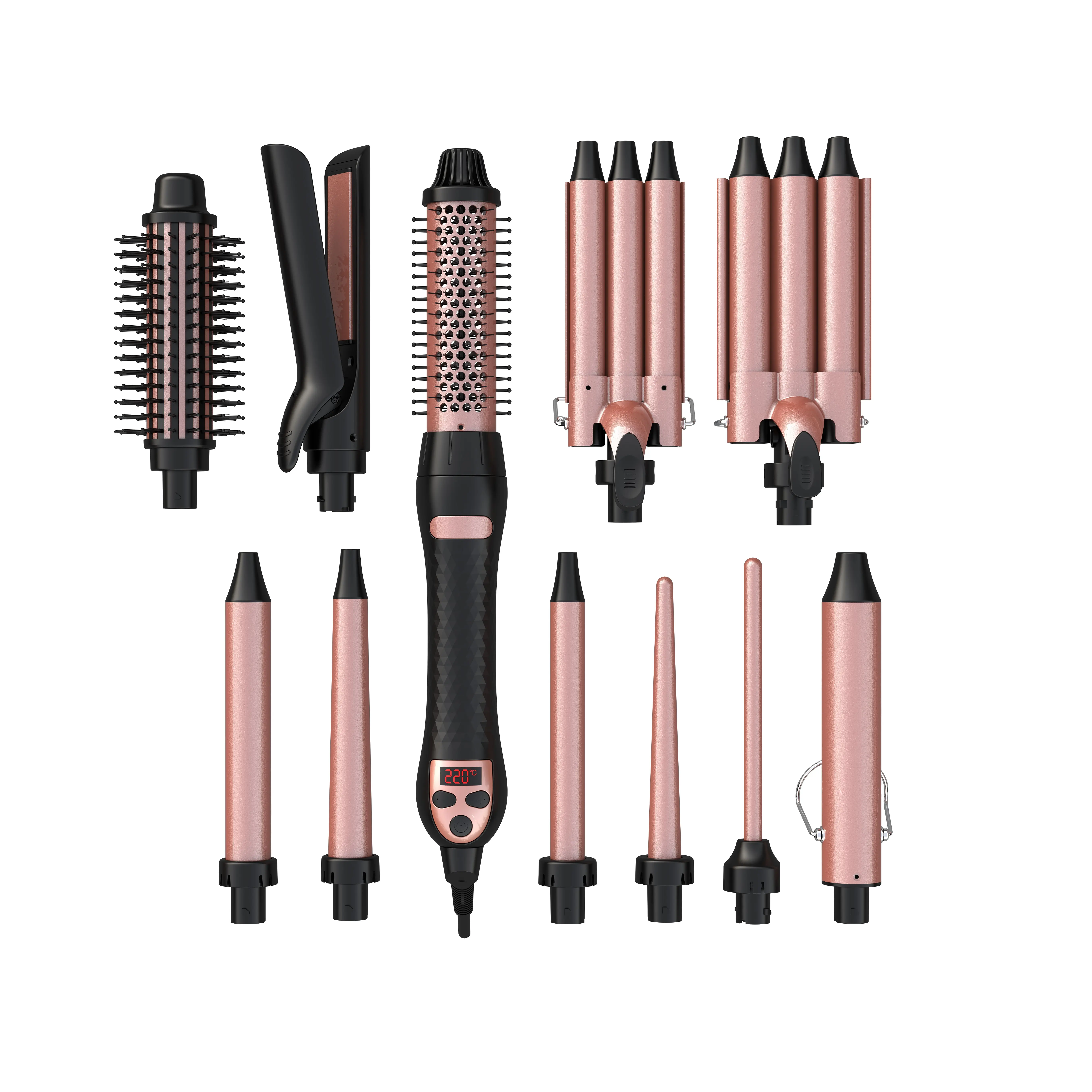 Professional Ceramic Interchangeable Wand Head Multifunctional Hair Curling Iron Thermal round Brush Hair Curler Set