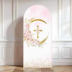 Pastel Floral Croix Design Baptême Arc Toile de Fond Élastique Spandex en Stock pour Première Communion Religieuse Fête Décor - Product Image 1
