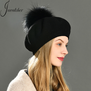 Jxwatcher السيدات سادة كلاسيكي قبعة قبعة من الصوف مع فرو حقيقي كبير بوم بوم فنان الربيع الشتاء متماسكة الفرنسية النساء الصوف قبعة مخصصة - Product Image 2