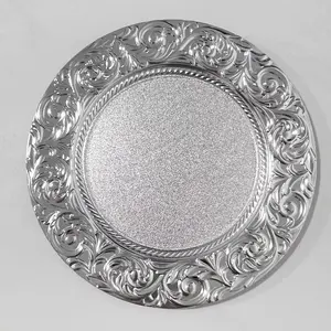 Placas plásticas redondas para festas de casamento, 13 polegadas, estilo europeu, ouro e prata, novo padrão de flores, carregador