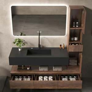 Mueble de Baño Flotante de Madera Maciza de Estilo Antiguo de Alta Gama con Lavabo Individual/Doble y Espejo Inteligente - Product Image 2