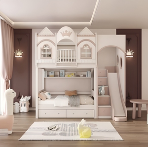 Solid Wood Kids Bunk <strong>Bed</strong> with Trundle | House Shape Staircase Storage Drawers | Girls Bedroom Triple Sleeper OEM Custom Factory - Product Image 2
