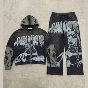 เสื้อฮู้ดดี้โอเวอร์ไซส์สีดำทรงบ็อกซี่พิมพ์ลายตามสั่งแบบ OEM ผ่านกระบวนการ Acid Wash หนัก 400 GSM สไตล์สตรีทแวร์สำหรับผู้ชาย ชุดสองชิ้น - Product Image 2