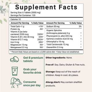 Comprimés de spiruline de haute qualité 100 %, marque privée OEM, complément nutritionnel en vrac, comprimés mixtes de spiruline et de chlorelle - Product Image 2