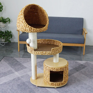 Minimalist Two <b>Level</b> Cat Tree With Woven Basket Perch And Scratching <b>Posts</b> For Indoor Cats - Product Image 1