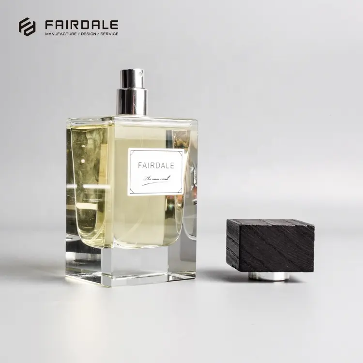 Fairdale Logo Luxury Bottle Parfum Square Glass Bottle bottiglie di profumo da 100ml con tappo in legno nero