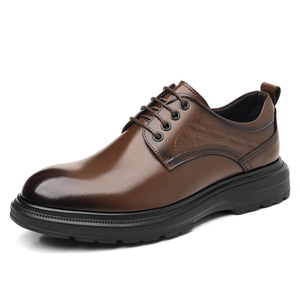 Chaussures Richelieu en cuir pour hommes, bout rond, à lacets, semelle souple en caoutchouc, pour mariage, couleur unie, automne, tenue de ville formelle - Product Image 5