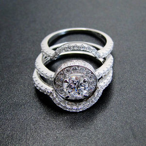 925 Sterling Silver Jewelry Round Diamond <b>Cubic</b> <b>Zirconia</b> Pave CZ Halo <b>Wedding</b> <b>Rings</b> - Product Image 1