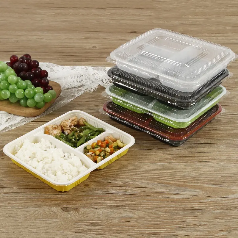 Wegwerp Pp Plastic Maaltijd Lunch Box Met Deksel 3 Compartiment Dozen Van Rechthoekige Takeaway Fast Food Verpakking Container Duurzaam