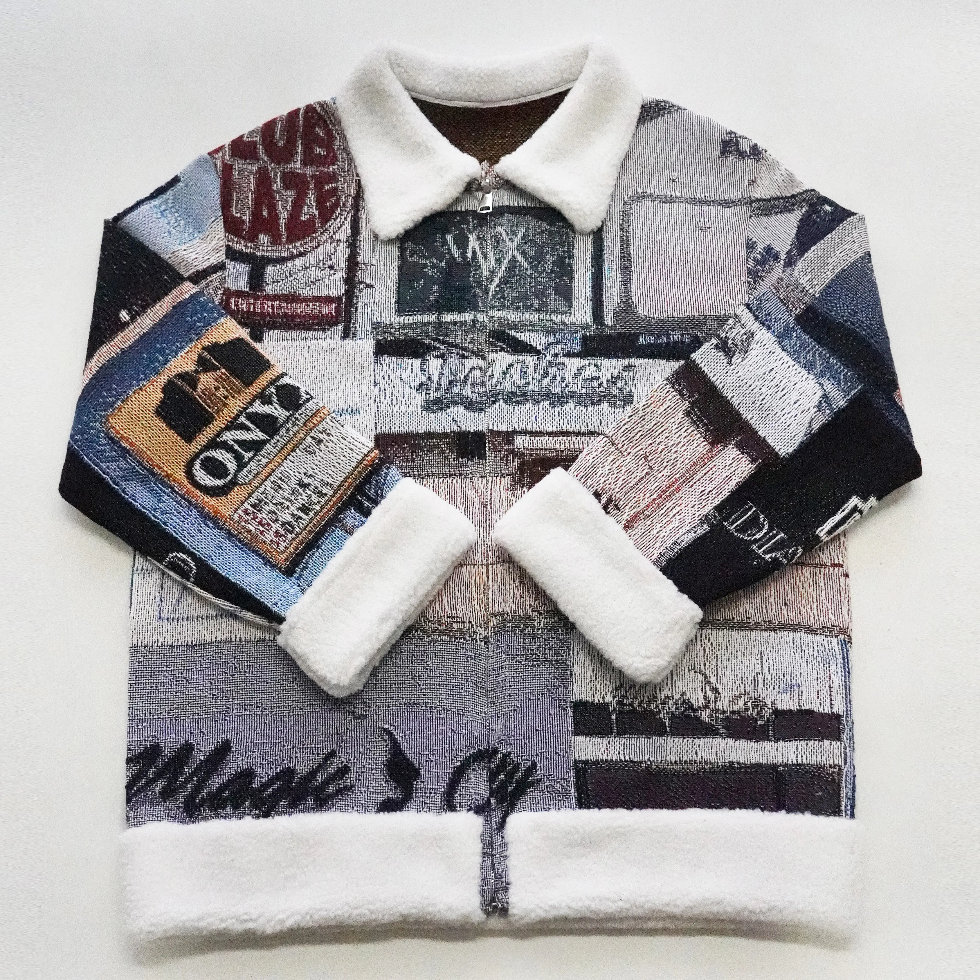겨울 플러스 사이즈 사용자 정의 퍼 모피 칼라 남성 여성을위한 유행 자카드 태피스트리 재킷