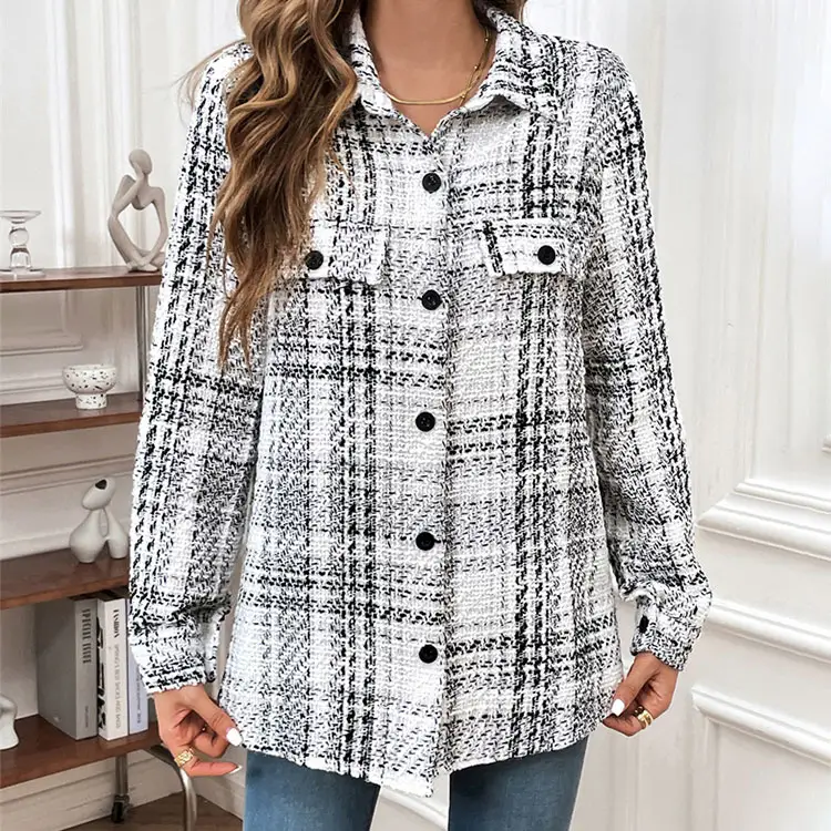 2024 하이 퀄리티 웨스턴 스타일 흑백 체크 여성 자켓 빈티지 긴 소매 여성 코트 탑