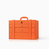 Boîte à bijoux en cuir PU orange, multi-tiroirs, portable, grande capacité, boîte de rangement en cuir