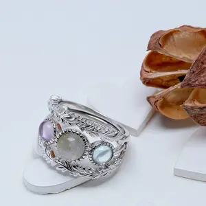 Cincin antik tebal Topas batu kristal tiga tarik Feldspar Amethyst 925 perak Sterling Set cincin wanita ditumpuk