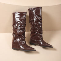Bottes d'hiver rétro à bout pointu, en cuir souple fait main, avec rivets, style cavalier, à talon épais et haut pour femmes