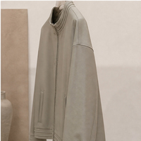 Blouson en cuir d'agneau à col montant et fermeture éclair pour femme, manteau en cuir véritable avec détails de coutures côtelées