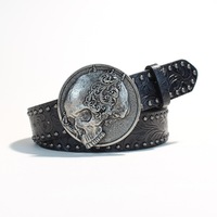 Ceinture cloutée pour homme, ceinture de créateur vintage à boucle ronde motif floral et crâne, accessoire de mode gothique punk pour jeans et tenues quotidiennes