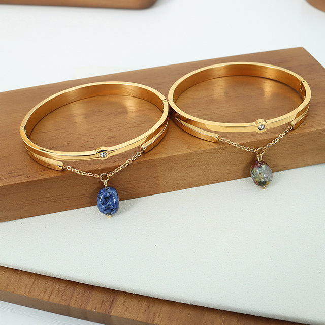 Natural Stone Pendant Inlaid with Zircon Stainless Steel Bracelet Unique Non Fading Pendant Bracelet