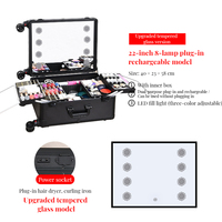 Valise de maquillage professionnelle Wanmei avec miroir LED, chariot de salon de coiffure à 4 roues, rangement portable, ensemble d'outils de coiffure, coffret cadeau