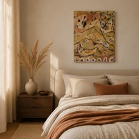 Peinture à l'huile impasto peinte à la main, paysage Wabi-Sabi de prairie montagneuse chaleureuse, toile pour salon, cadre en alliage d'aluminium, grain de bois