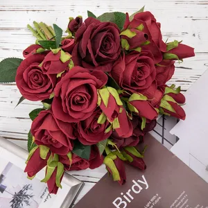 MW03334 Belle décoration de mariage Rose naturelle fleur artificielle longue tige velours spray à vendre - Product Image 4