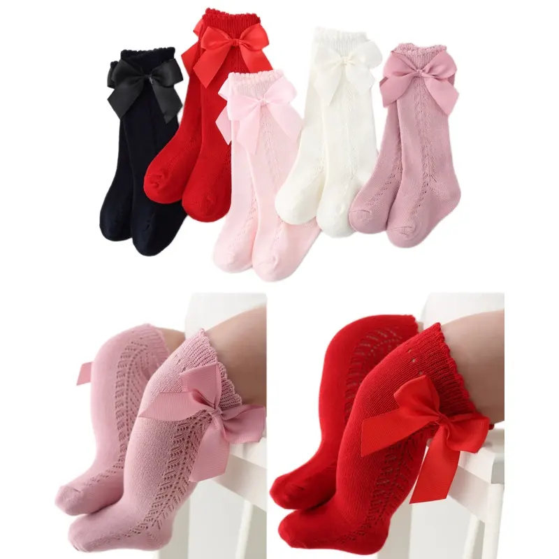 Gran oferta de calcetines con lazo de malla para niñas, medias de princesa, calcetines hasta la rodilla de Color liso para bebés recién nacidos