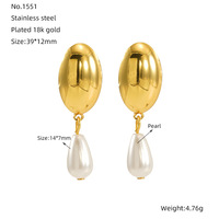 Boucles d'oreilles en forme de goutte d'eau effet perle, acier inoxydable 304, plaqué or 18 carats, ovales lisses, perles blanches pendantes, 39 x 12 mm, pour femmes