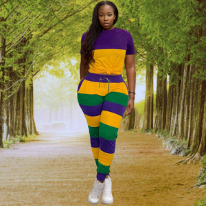 Conjunto de 2 Piezas de Verano para Mujer, Modelo Explosive, Deportivo, Casual, con Rayas, Manga Corta, Colorido, a la Moda - Product Image 4