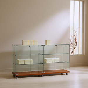 Vitrine moderne en verre de 160 cm de large avec portes verrouillables et roulettes, base en bois de cerisier, rangement pour salon - Product Image 3