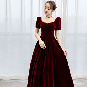 Velvet Evening Gown Square Collar Puff Sleeve Burgundy Formal Dress Vintage Style Women's Long Dress - Product Image 2
