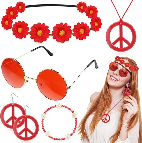 Hippie Accessoire-Set – 4-teilig, Mit Brille, Stirnband & Ohrringen, Für Erwachsene Im 60er Jahre Stil