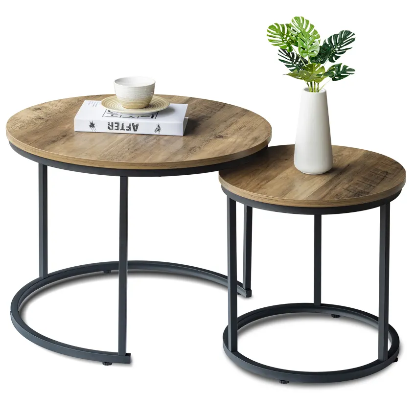 Factory Wholesale Small Center Side Sofa End Round Nesting Coffee Table Set of 2 Wood and Metal