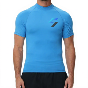 T-shirt de compression bleu à manches courtes pour homme, séchage rapide, couleur unie, haut de sport avec logo imprimé sur le devant, coupe classique - Product Image 1
