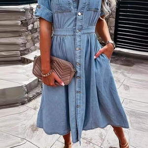 Abito chemisier in denim a maniche corte tinta unita, modello sexy a trapezio, alla moda per dropshipping - Product Image 6