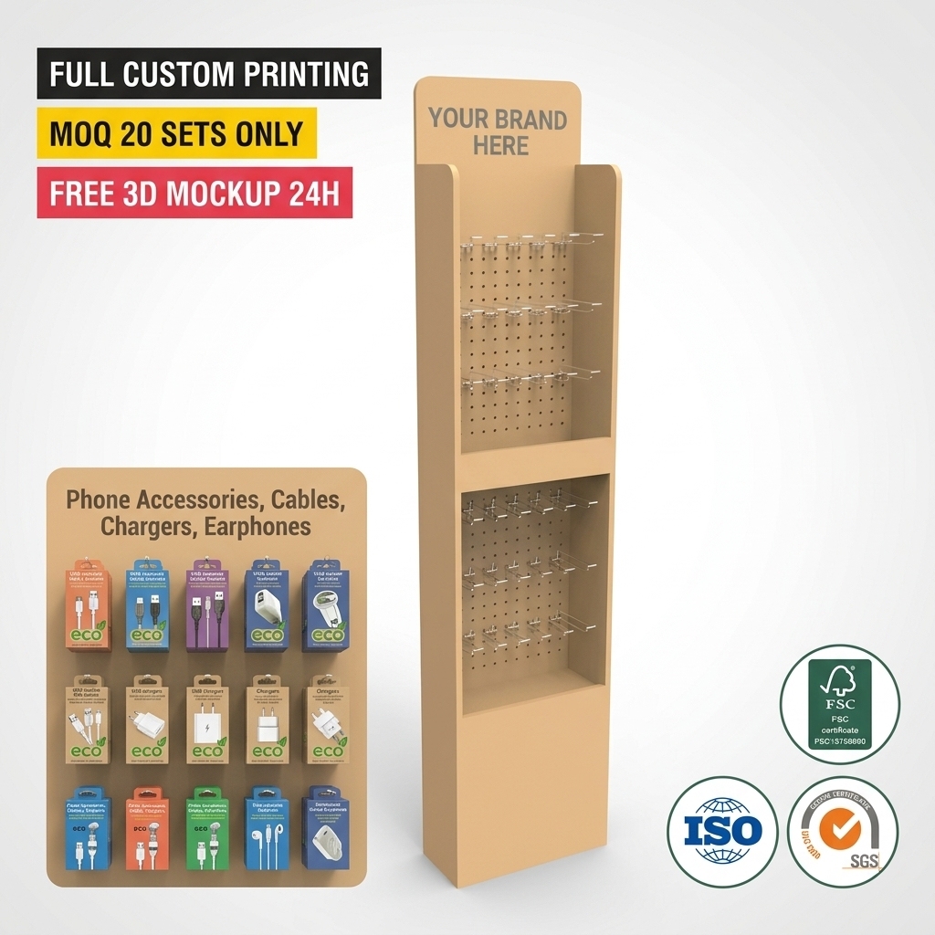 Custom Wooden Pegboard Display Stand Floor Hook Rack for Mobile Phone Accessories Cables Chargers Retail Store POS Display OEM