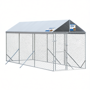 Outdoor Dog Kennel 6.6'x19.7'x8.2' Galvanized Steel Pet Cage Silver Roof <b>Large</b> Breed All Seasons - Product Image 1